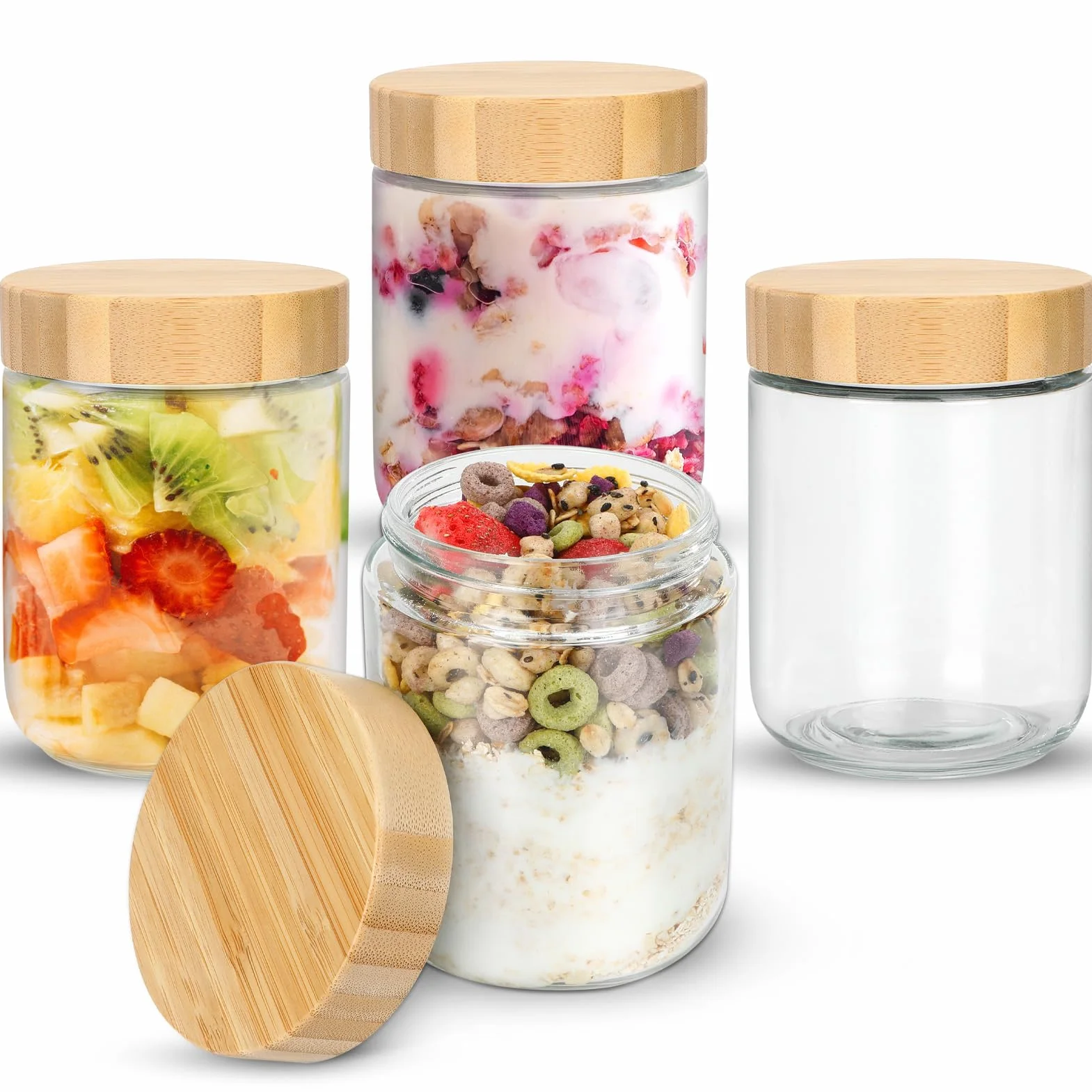 500ml Barattoli di Vetro con Coperchio in Legno,4 Pezzi Vasetto di Avena per la Notte,Contenitore Vetro per Yogurt,Overnight Oats Jar Vasetti per Yogurt,Vasetti per Marmellata,Insalate,Frutta