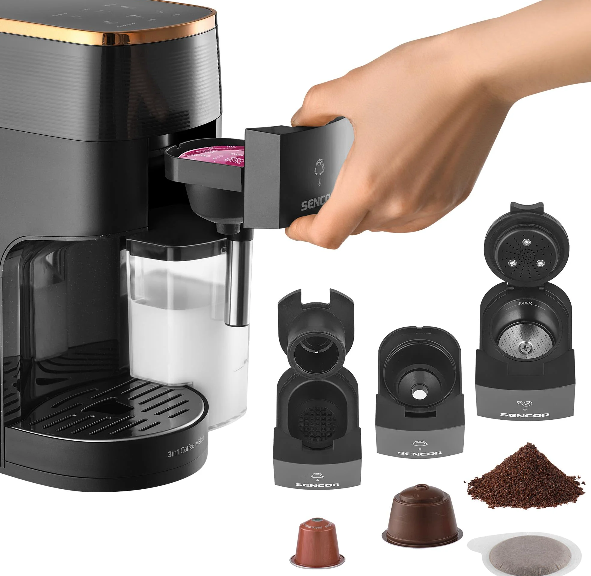 Sencor SCC 3000BK Macchina da Caffè 3 in 1, Multi-Capsula, 19 Bar, Display LED Touch, 1450W, Nero