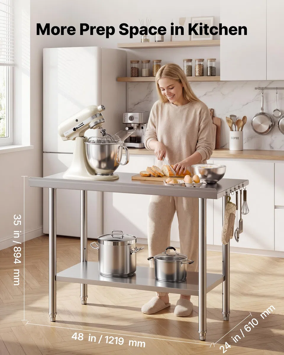 VEVOR Tavolo da Lavoro per Cucina in Acciaio Inox, Tavolo Centrale in Acciaio Inox 2 Ripiani con Alzatina 121,9 x 61 cm Preparazione Catering da Hotel, Ristorante, Supermercato, Panetterie, Bar