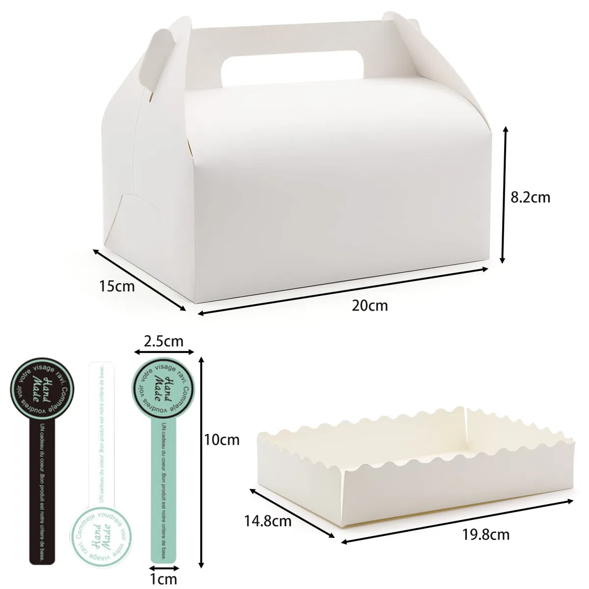 Scatole per pasticceria con vassoio di carta e maniglia per il trasporto, 20 pezzi scatola per il trasporto con adesivi, scatole regalo di carta per biscotti, pizza (20 x 15 x 8 cm, bianco)