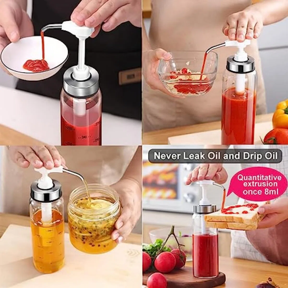 2 dispenser per salse in vetro, 500 ml, senza gocciolamento, pompe per uso alimentare per miele, sciroppi, olio, condimenti, condimenti per insalata e altro ancora