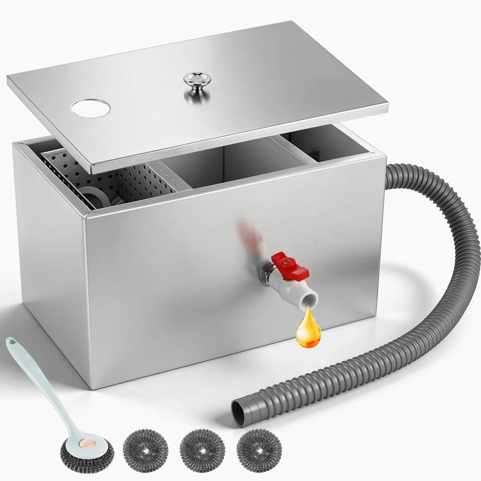 YUCHENGTECH Separatore di Grasso Commerciale 22L Trappola per Grassi in Acciaio Inox Intercettore per Grasso Filtro Separatore di Acqua per Olio per Ristorante, Mensa, Cucina 40x24x23cm